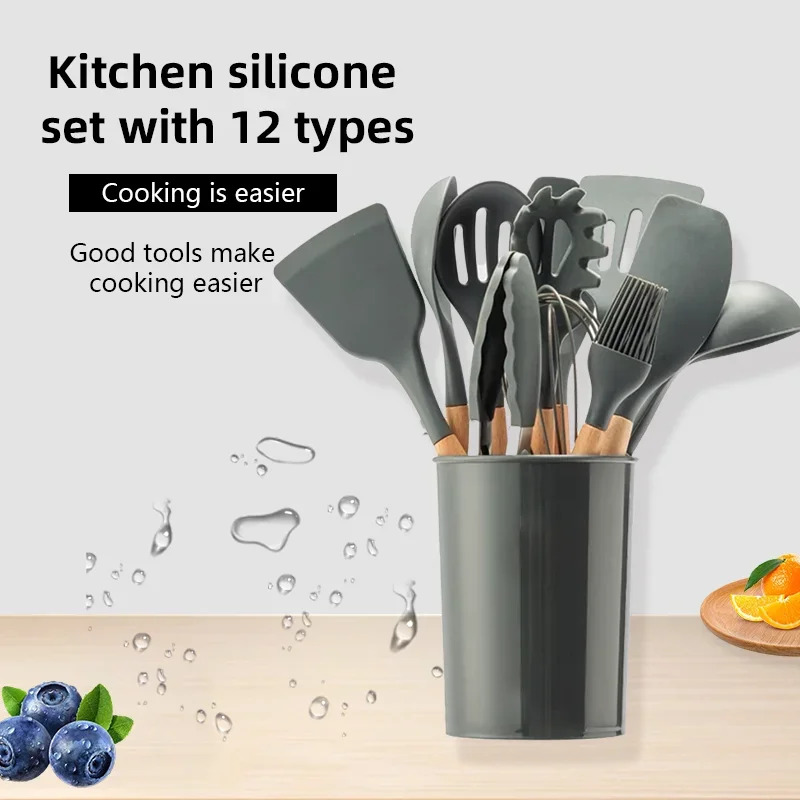 Kitchen Baking Pan Storage - 12 قطعة مجموعة مقبض خشبي سيليكون